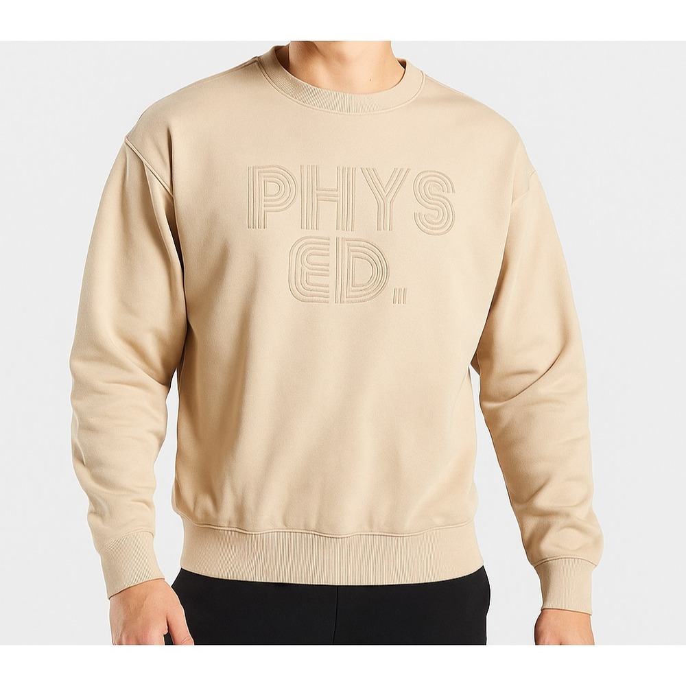 Gymshark‎ Phys Ed Beige Crewneck Sweatshirt Size L Pullover Cotton Retro Logo